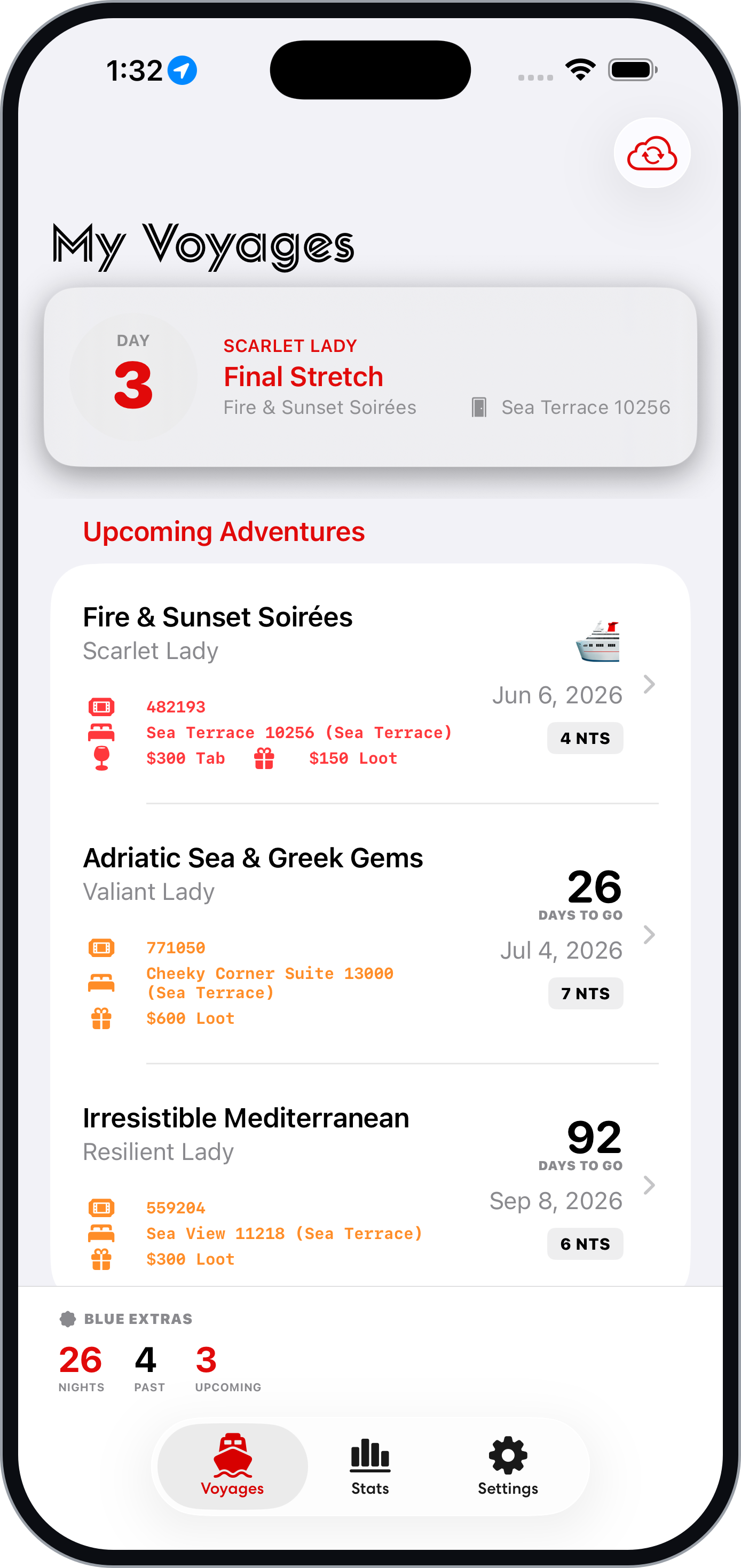 MyVV app showing the My Voyages screen with upcoming Virgin Voyages sailings, nights on board, and countdowns