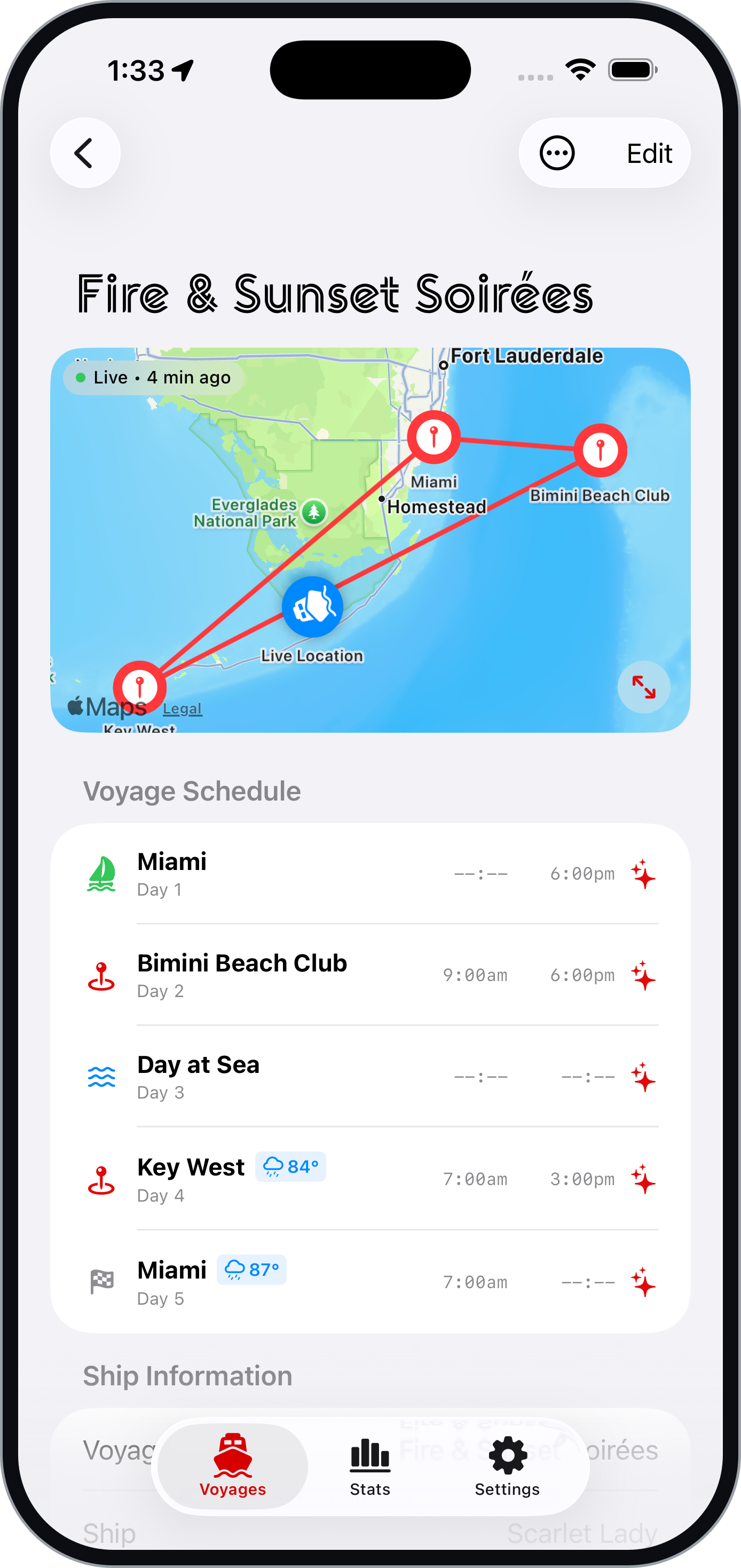 MyVV voyage detail with a live ship-tracking map and full itinerary