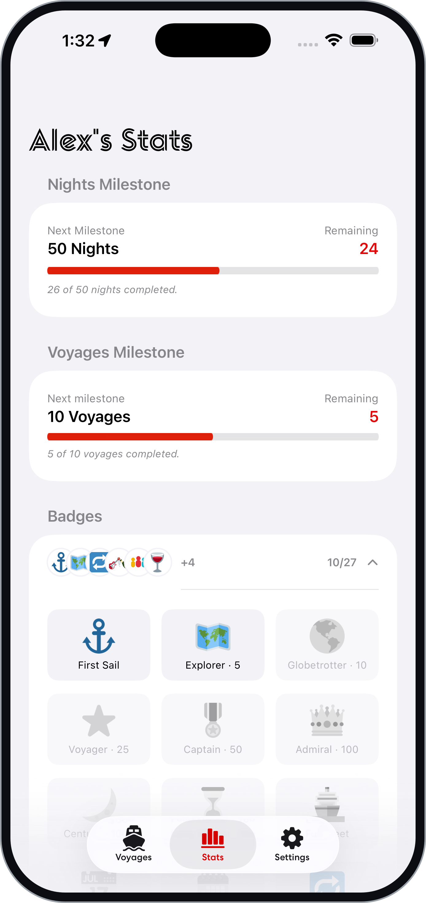 MyVV sailing stats with milestones and earned badges